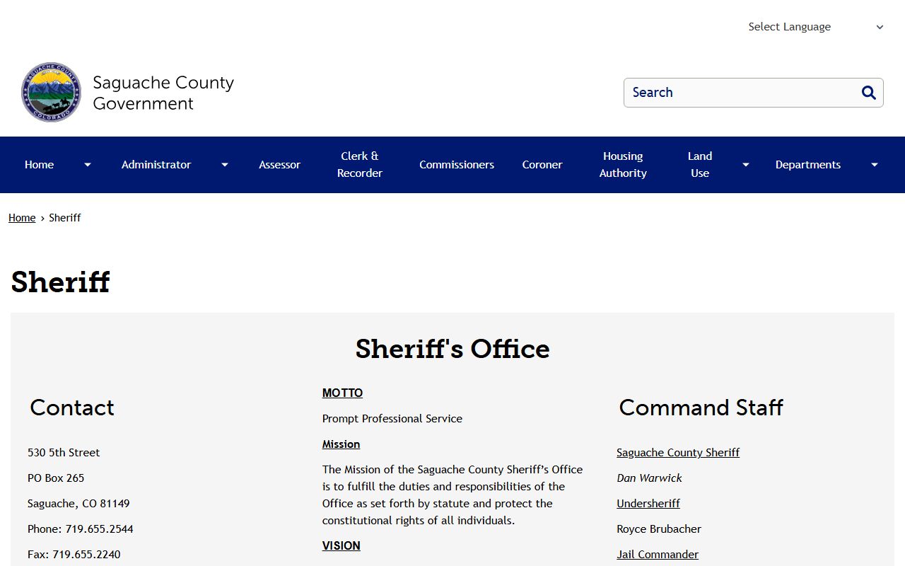 Saguache County inmate population sheriff page with Rio Grande jail notice
